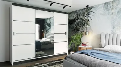Produktbild von FurMeb24 Šatní skříň s posuvnými dveřmi RETRO 4 -200x205cm Šatní skříň se zrcadlem, třídveřová posuvná skříň (bílá / bílá + zrcadlo a kování)