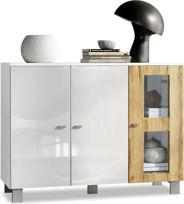 Produktbild von Vladon Sideboard Denjo,  Germany, Kommode mit 3 Türen, Weiß matt/Weiß Hochglanz/Eiche Natur (107 x 81 x 35 cm)
