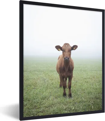 Produktbild von MuchoWow® MuchoWow® Gerahmtes Poster Kuh - Nebel - Gras 60x80 cm - Poster mit zchwarzem Bilderrahmen - Premium - Wanddeko Wohnzimmer