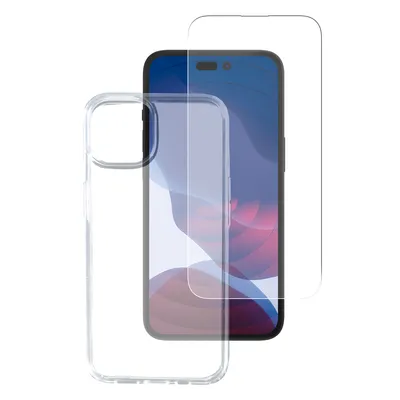 A clear phone case and screen protector are shown laid out on a white background.