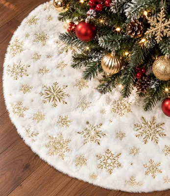 Immagine prodotto di Gonna per albero di Natale - Pluche bianco - 122 cm - Fiocchi di neve dorati - Tappeto per albero di Natale