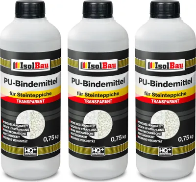 Produktbild von Isolbau - 1 K PolyurethanBindemittel für Steinteppich - 3 x 0,75 kg - Transparent - Hervorragende Haftung &Elastizität - Gebrauchsfertig - für Innen- und Außenbereich - Treppen, Balkonen, Garten, Wegen