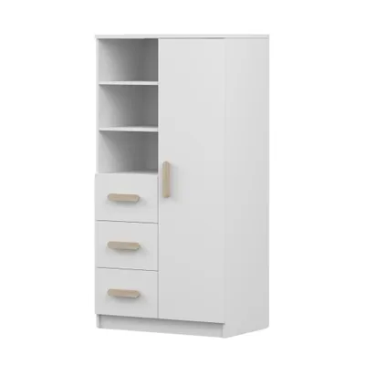 Produktbild von Kinder-Bücherregal Jonas 05 – 80 cm, Weiß/Weiß mit Sonoma Griffen, 3 Schubladen & 1 Tür