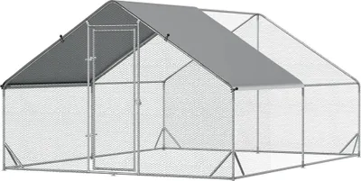 Zdjęcie produktu dla Wolnowybieg dla 4-6 kur, kurnik z daszkiem zacieniającym, odporny na warunki atmosferyczne, kolor srebrny i szary | Stabilność: 33 kg | Materiał: stal i tworzywo sztuczne | Wymiary: 3 x 4 x 2 m