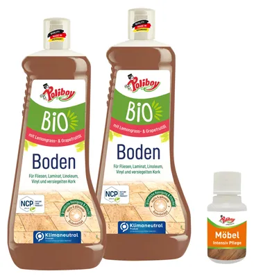 Produktbild von Poliboy Boden Pflege 2er + Möbel Probe - sorgfältige Reinigung und Frische für alle Böden und Flächen - Vegan - 1L - 99A3001