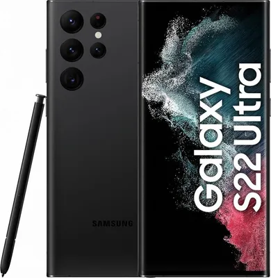 A black Samsung Galaxy S22 Ultra smartphone with its S Pen stylus is displayed against a white background. The phone's screen shows the text "Galaxy S22 Ultra".
