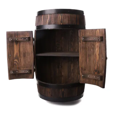 Produktbild von Holzbar Fass 80x55 cm – Massiver Holz Barschrank für Alkohol, Wein & Whisky | Handgefertigt in EU | Premium Bar Möbel Loft & Rustikal | "dunkeloliv"