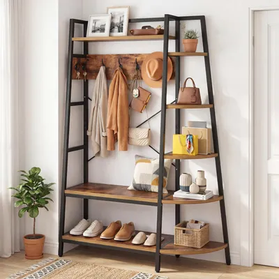 Produktbild von HOKEEPER Garderobenständer mit Regal & Schuhbank, Flurgarderobe mit Haken, Kleiderstange und 5 Ablagen, Industrial Design ,122x40x182cm