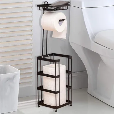 Produktbild von Toilettenpapierhalter, 1-St quadratischer Klopapierhalter, Toilettenpapierständer aus Metall, mit kleiner Ablage, Toilettenpapier-Aufbewahrungsregal