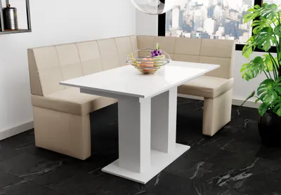 Productafbeelding van Eetset met hoekbank, 196x142 cm, BLAKE XL, stof Soro, kleur crème / Eettafel DANTE, wit, hoogglans