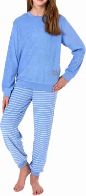 Produktbild von Mädchen langarm Frottee Schlafanzug Pyjama mit Bündchen und Pyjamahose in Streifenoptik ; hellblau , 128