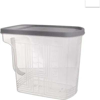 A clear, studio shot of a transparent food storage container with a gray lid and a handle.