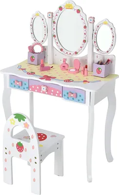 Produktbild von GOPLUS Kinder-Schminktisch mit Stuhl, Frisiertisch-Set mit abnehmbarem Spiegel, 2 Aufbewahrungsboxen & 3 Schubladen, Kosmetiktisch mit Kippsicherung