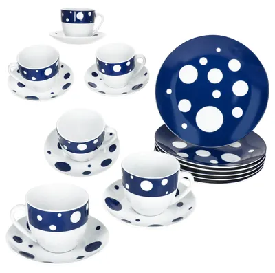 Image de 18pcs Service à café Pula bleu points porcelaine 6 pers. tasses soucoupes assiettes à pois
