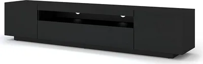 A black, modern TV stand or lowboard is shown against a white background.