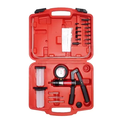 A red plastic case containing a vacuum pump kit with various accessories, laid out for display.