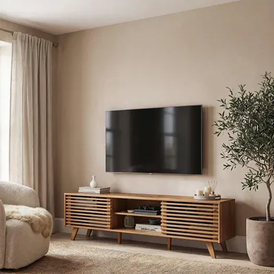 Produktbild von TV Lowboard RIAN mit 2 Schiebetüren für 75" TV Eiche farben - TV Kommode aus massivem Kiefernholz, 3 verstellbare Einlegeböden, TV Sideboard