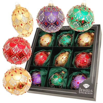 Glazen kerstboomhangers, 9 stuks, 8-10 cm, goud/rood/paars/groen/geel