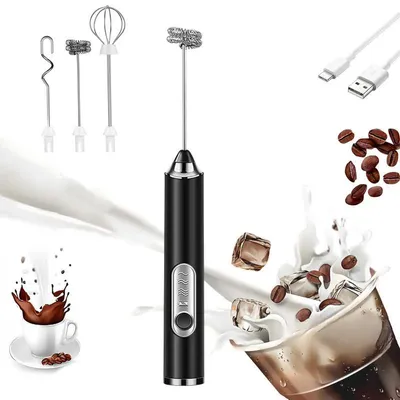 Produktbild von Wiederaufladbarer Milchaufschäumer, Handmilchaufschäumer mit 3 Aufsätzen und 3 Geschwindigkeitsstufen, Kaffeemixer, elektrischer Milchaufschäumer, abnehmbarer Edelstahl-Schneebesen für Latte, Cappuccino, Matcha, Ei – Schwarz/Weiß