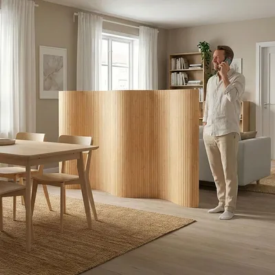 Obrázok produktu pre Homestyle4u Paravent, rozdeľovač priestoru, 145x250 cm, bambus, pre vnútorné použitie, hnedý, vlnitý vzor, slúži ako bariéra a ochrana pred pohľadom