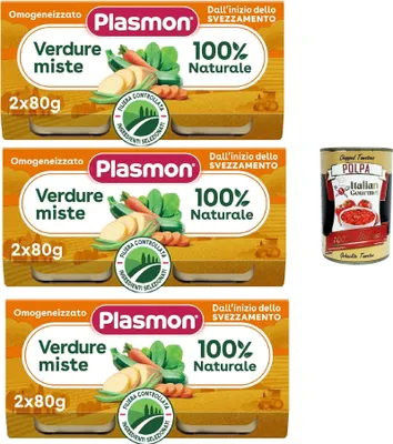 Produktbild von Plasmon verdure miste, 3x (2x 80g), Mit ausgewählten Zutaten, 100% natürlich, Ohne Stärken und Salz hinzugefügt + Italian Gourmet polpa 400g
