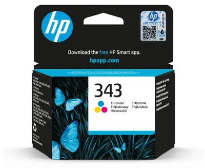 Imagen del producto de Cartucho de tinta original HP 343, tricolor, rendimiento estándar, cian, magenta, amarillo, tinta a base de colorante, 1 unidad, 330 páginas.
