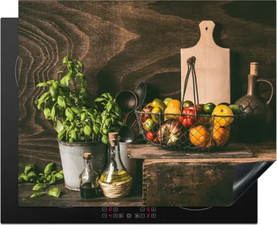 Produktbild von KitchenYeah© Herdabdeckplatte Gemüse - Kräuter - Rustikal - Stilleben - Basilikum , 65x52cm, Küche Deko, Glaskeramikkochfeld Herdabdeckung, Abdeckplatte fùr Kochfeld