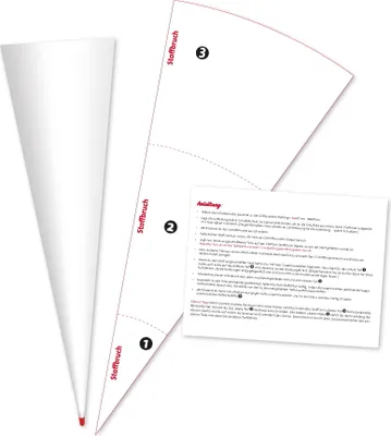 Produktbild von ROTH Schultüten-Rohling 70 cm weiß rund Rot(h)-Spitze und Schnittmuster mit Anleitung zum Selbernähen einer Stoffschultüte