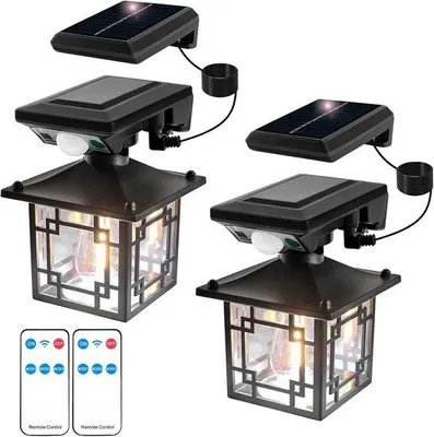 Productafbeelding van 2-delige set retro buitenverlichting op zonne-energie, wandlamp met bewegingssensor, waterdichte tuinlamp, krachtige buitenwandlamp (afneembaar)
