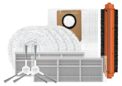 A collection of cleaning accessories for a robot vacuum cleaner, including brushes, filters, a mop pad, and a dust bag.