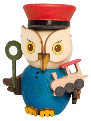 Produktbild von Drechslerei Kuhnert - Mini-Eulen aus Holz - Eisenbahner - ca. 7 cm groß - als Dekoration oder Geschenk geeignet
