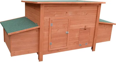 A wooden chicken coop with two nesting boxes and an attached run, shown from the side against a white background.