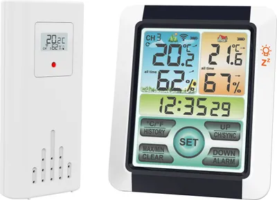 Produktbild von DECDEAL Wetterstation Funk mit Außensensor, Drahtloser Hygrometer thermometer für Innen Außenbereich,Wettervorhersage, Stationsuhr, Digitales Farbdisplay Funkuhr Funkwetterstation