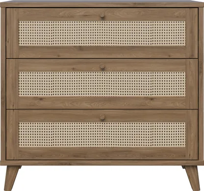 Produktbild von Furniture24 Kommode Glenkeen Glkk212 Mit 3 Schubladen - Valencia Eiche / Wiener Rattangeflecht