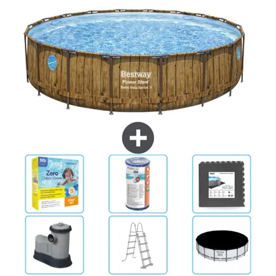 Produktbild von Bestway Round Power Steel Swim Vista Schwimmbad – Holzdruck – 549 x 122 – inklusive Pumpe – Leiter – Abdeckung Wartungspaket - Filter - Bodenfliesen
