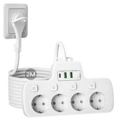 Image de Multiprise plate avec USB-C et 4 prises - câble de 2m