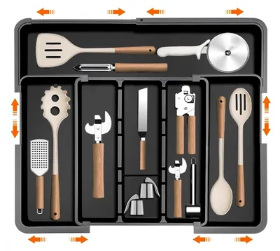 Produktbild von Erweiterbarer Besteckkasten für Schubladen, verstellbarer Schubladeneinsatz für Besteck, Küchenorganizer für Löffel, Gabeln und Messer (Schwarz 2)