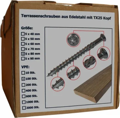 Produktbild von Terrassenschraube aus Edelstahl mit Torx Kopf, Größe 5 x 80 mm, Anzahl 100 Stück (Pack à 100 Stück)