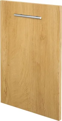 A close-up, straight-on view of a wooden cabinet door with a silver handle.
