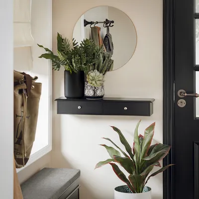 An entryway with a wall shelf, mirror, plants, and a bench.