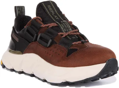 Produktbild von Replay Split Laguna Herren Schnürung Leder Turnschuhe Braun – 9 Großbritannien - 43 EU - 10 US / Schwarz Braun