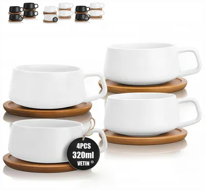 Produktbild von VETIN Cappuccino Tassen 4 x 300 ml, Kaffeetassen mit Unterteller – Weiß*4