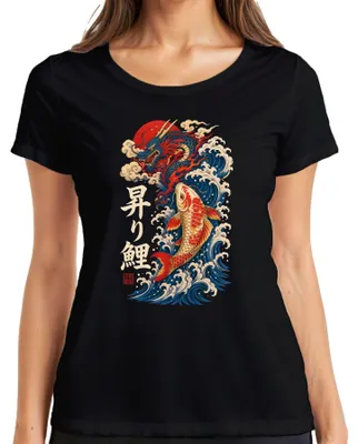 Produktbild von Japan Drache Karpfen Nobori Koi Welle Sonne Tattoo Y2K Irezumi Zen Damen T-Shirt, Schwarz, 3XL