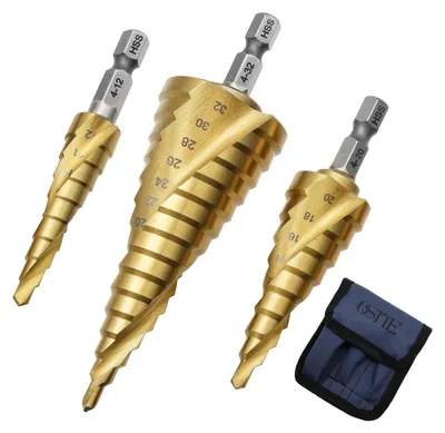 Imagen del producto de Broca escalonada de titanio, de 3 piezas, de 4 a 32 mm, con vástago hexagonal de 6,35 mm, para metal