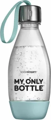 A SodaStream reusable water bottle with a blue base and strap.
