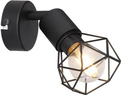 A black industrial-style wall lamp with a geometric cage shade is shown against a white background.