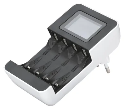 A white and black battery charger with a digital display and four slots for batteries.