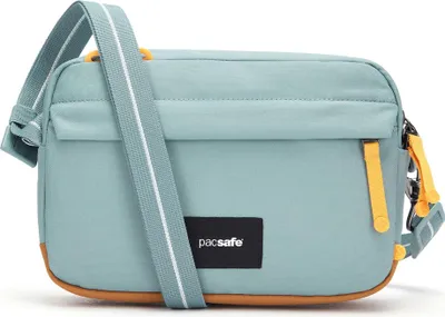 A teal crossbody bag with yellow zipper pulls and a brown bottom trim, shown against a white background.