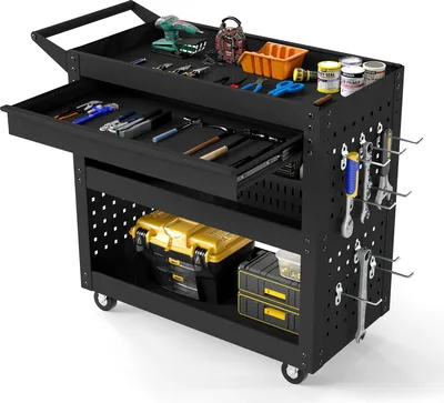 Immagine prodotto di Carrello da officina COSTWAY, carrello da officina con 3 ripiani, ampio cassetto, 2 pannelli forati e 8 ganci, carrello portautensili per garage e officina