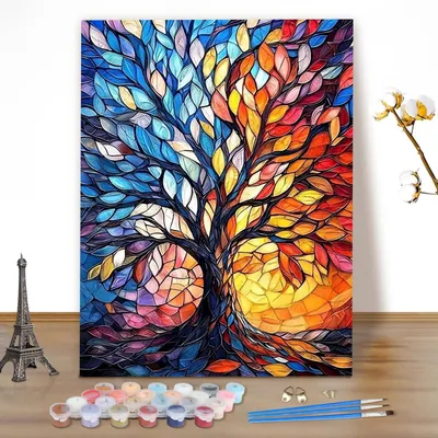 Obrázok produktu pre Obraz podľa čísel pre dospelých, motív: strom života, krajina, rozmer 40x50 cm, bez rámu, akrylové farby, štetce